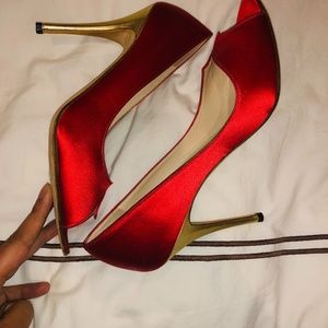 Manolo Blahnik red satin gold accented heels size 40.5 or 40 1/2